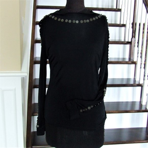 Black Fancy Beaded Turtleneck Stretchy Top Boat Neck M - Picture 2 of 7